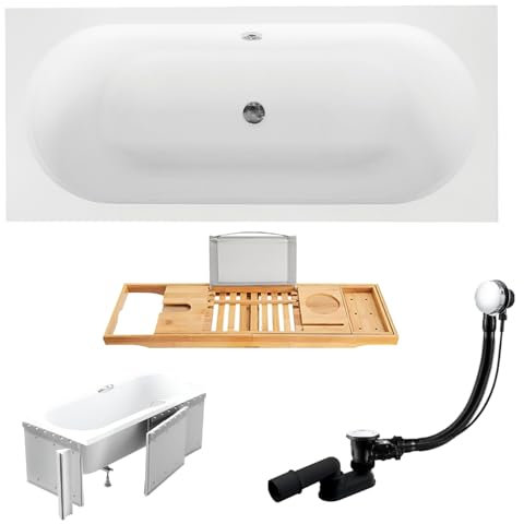 BADLAND Premium Set 5in1 Badewanne Rechteck Acryl Weiß Wanne VITAE 170x75 cm, Made in EU + Styroporverkleidung + Bambus Badewannenablage, Moderne Design, mit Ablaufgarnitur und Füßen