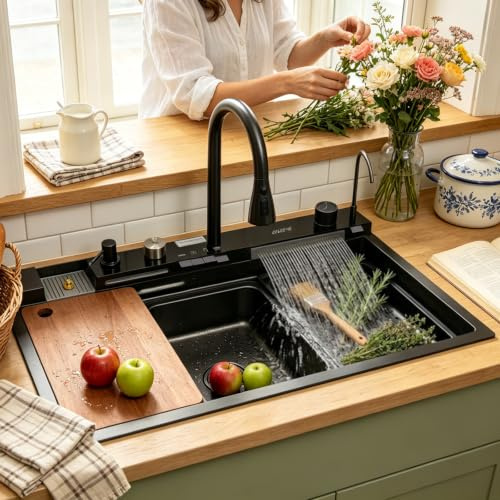 Fregadero Cocina 80x50 Negro Acero Inoxidable, Kit Fregadero Cascada con Grifo Integrado, Monoseno Inteligente con Lava Vasos, Dosificador Jabón, Tabla Cortar, Escurridor, Sifón y Kit Desagüe Completo
