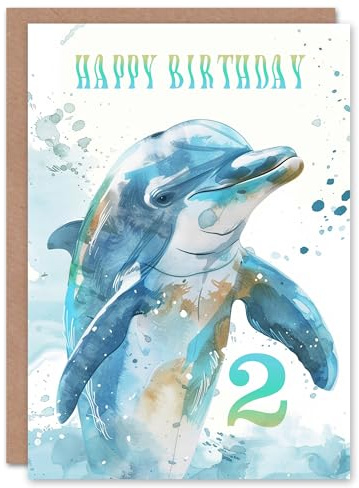 Artery8 Sea Watercolour Dolphin 2nd Two Age 2 Year Old For Child Kids Birthday Card