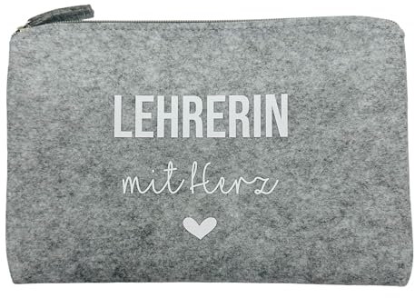 NeLi Lehrerin mit Herz Tasche, Geschenk für Lehrerinnen, kleines Dankeschön Abschiedsgeschenk Clutch aus grauem Filz mit weißer Schrift