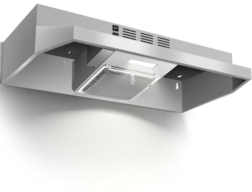 Zomagas 24 inch Range Hood Under Cabinet, Stainless Steel Kitchen Hood 280CFM, Ducted/Ductless Vent Hood with Rocker Button Control, Stove Hood with 2 Speeds Fan, Bright LED Light