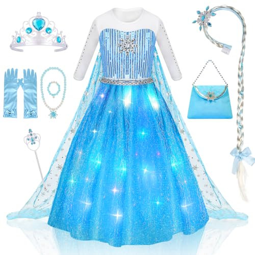 Meland Blue Princess Prinzessin Kleid Mädchen, Prinzessin Kostüm Mädchen 8 Stück Set Inklusive Juwelen, Handschuhe, Zauberstab, Dress Up für 3-10 Jahre