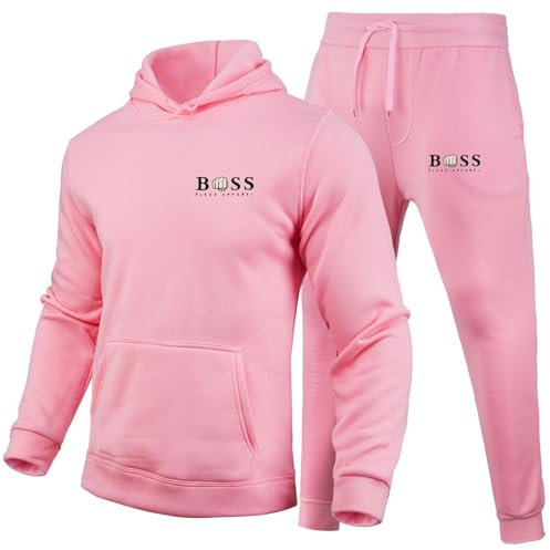 WAZHAKU Tuta da jogging da uomo, lunga, comoda, abbigliamento sportivo, tuta sportiva in due pezzi, 2 pezzi, giacca con cappuccio + pantaloni da allenamento unisex, B rosa., M