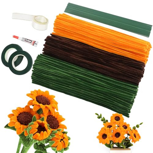 GENHH Sonnenblumen Pfeifenreiniger Blumen Set, 400 Stück Pfeifenreiniger Grün Pfeifenputzer Chenilledraht Pfeifenputzer zum Basteln 30CM mit 3 Farbe