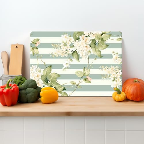 Green Floral Textured Glass Chopping Board Worktop Saver for Kitchens - Durable, Easy-Clean, Scratch Resistant, Hygienic Glass Worktop Saver, Non Slip Feet I Available in Two Sizes (L)