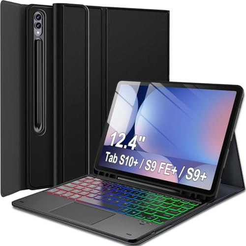 Wineecy Touchpad Keyboard Case for Samsung Galaxy Tab S10+/S9 FE+/S9+ Plus 12.4 Inch Tablet, 7 Color Rainbow Backlight Detachable Bluetooth Trackpad Keyboard Folio Smart Cover with S Pen Holder