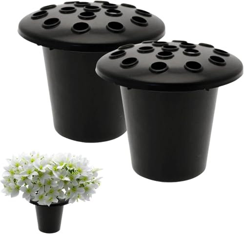 Caliko-Grave Flower Holders with lid pack of 2 Black, Memorial Vases for Graves Strong Plastic Grave Flower Pots Insert in Grave-side, Grave Vase for Grave Decorations