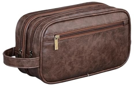 Travel Cosmetic Bag Double-Layer Toiletry Bag for Men PU Leather Travel Wash Organizer Water-Resistant Shaving Cosmetic Bag Strorage for Travelling(Coffee)