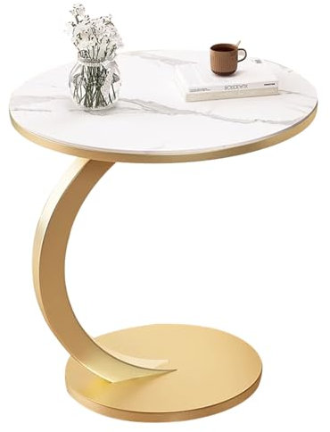 C Shaped End Table - Small Side Table with Faux Marble Top and Gold Metal Frame, Versatile TV Tray for Sofa or Bed, Easily Slides Under Couch