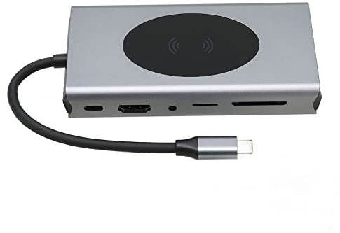CFTGIW 13-in-1-Typ-C-Hub, Typ-C-zu-HD-Multimedia-Schnittstelle, VGA 5, USB 3.0, Speicherkarte, Speicherkarte, RJ45, PD, AUDIO3.5, Kabelloses Laden, 10 W, Grau, PD-Wireless-Karte, 13-Schnittstelle,