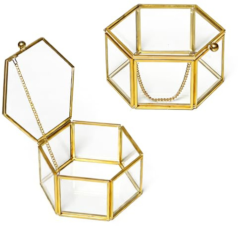 Keboyoe 2 Stück Glass Jewelry Box Schmuckschatulle aus Glas Geometrisches 10 x 5.3CM Glas Box Schmuck Boxs aus Metall und Glass Gold für Schmuck Ringe Armbänder Ohrringe Blume