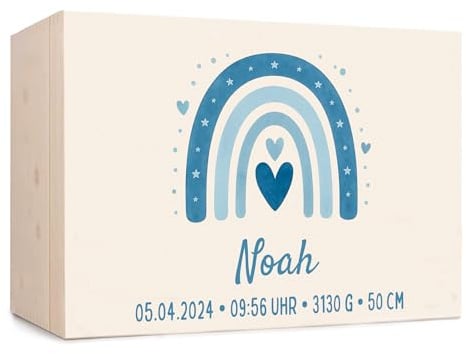 Erinnerungsbox Baby, personalisierte Holzkiste mit Klappdeckel, Aufbewahrung von Erinnerungen, Geschenk zur Geburt und Taufe, Geburtsgeschenk Jungen und Mädchen (Regenbogen blau, 40x30x22 cm)