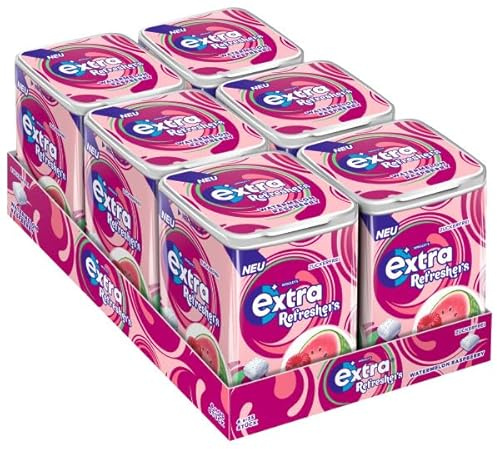 Extra Refreshers Kaugummi zuckerfrei, Watermelon Raspberry Gum, 6 x 35 Dragees, Großpackung Chewing Gum, Xylitol Kaugummi ohne Zucker (210 Dragees) | Fruchtiger zuckerfreier Kaugummi mit Wassermelone-Himbeer-Geschmack — die Vorratspackung für langanhaltende Frische im Büro