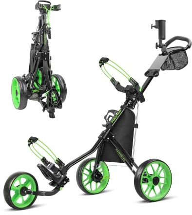 Findway Golf Trolley 3 Wheel, Folding Compact Golf Push Trolley, Lightweight Golf Push Cart with Foot Brake, Adjustable Handle, Mesh Bag, Storage Bag, Umbrella & Drink Holder