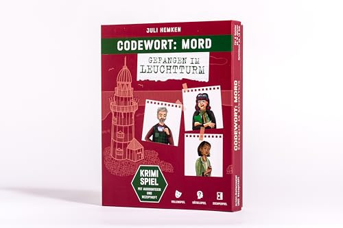 Codewort: Mord. Gefangen im Leuchtturm. Krimidinner-Rollenspiel und Kochbuch. Für 6 Spieler ab 12 Jahren.: 54 Anweisungskarten, 6 Einladungsschreiben, 3 Rätsel-Flyer, 3 Geheimniskarten