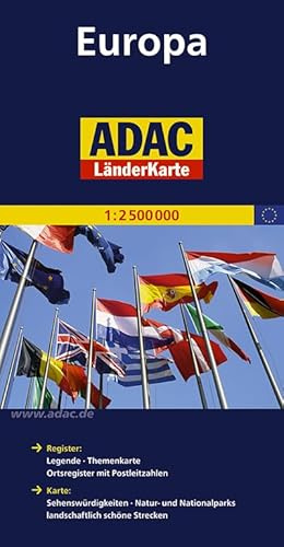 ADAC Länderkarte Europa 1:2.500.000: Register: Legende, Themenkarte, Ortsregister mit Postleitzahlen / Karte: Sehenswürdigkeiten,Natur- und Nationalparks, landschaftlich schöne Strecken
