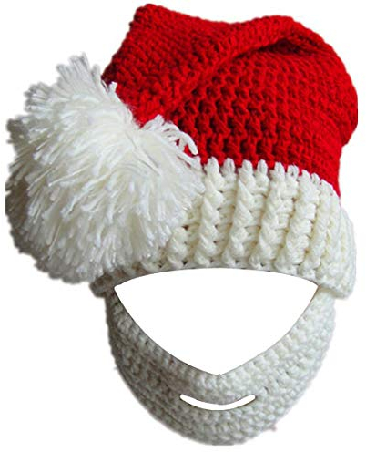 Kafeimali Unisex Weihnachten Winter Strickmütze Häkelmütze Santa Mütze mit Bart Faltbare Bartmütze - Weiß - Einheitsgröße
