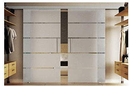 Glasschiebetüren Komplettset 2x775x2050 mm in ESG-Milchglas mit waagerechten Streifen (S) Levidor-System komplett. Laufschiene in ca. 4000 mm und Stangengriffen, Schiebetür aus Glas für Innenbereich