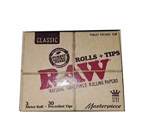 Raw Klassische Natur unraffiniertes Rollen papierrollen + Tips - King Size Meister kit - 3 Meter Rolle + 30 pre Rolled Tipps (1 Packung)
