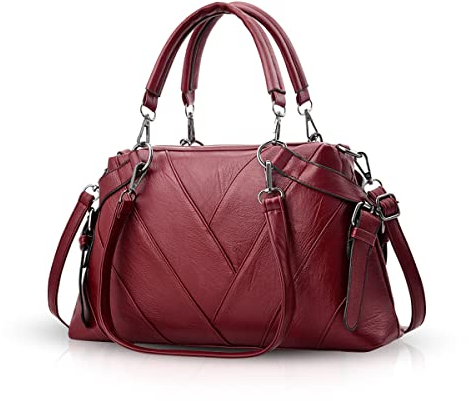 NICOLE & DORIS Handtaschen für Damen Modern Henkeltasche Schultertasche Weiche PU Leder Umhängetasche Elegant Handtasche mit Gestreifte Weinrot