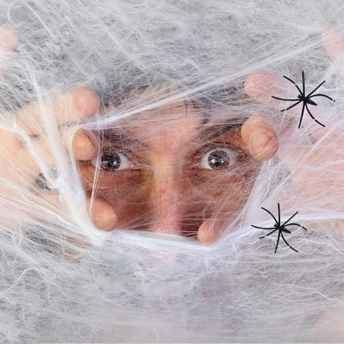 Komonee Halloween Spiderweb Stretchy Fake Spider Cob Web with Spiders Indoor Outdoor Garden Haunted House Party Decoration White
