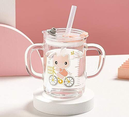 XGOPTS Children Cartoon Milk Cup, Heat-Resistant Borosilicate Double Handle Leakproof Mug with Lids, Cute Scale Foaming Milk Powder Glass Cup for Kids Baby Toddler