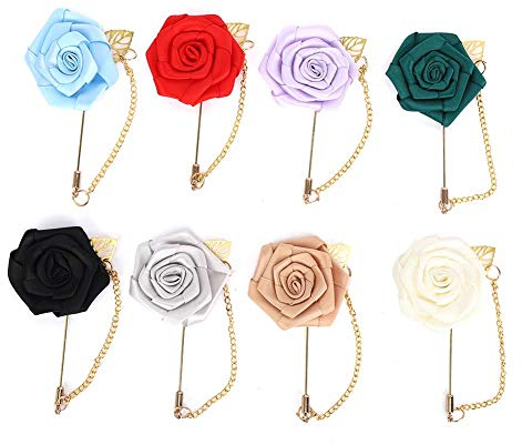 Cikonielf Boutonnière Simple Feuille d'or en Métal Belle Chaîne de Ruban Mariée Rose Fleur Broche Décoration 8 Pièces