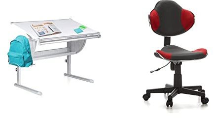 hjh OFFICE Belia Schreibtisch, Weiss/Silber + Kinderdrehstuhl Bürostuhl KIDDY GTI-2 grau rot