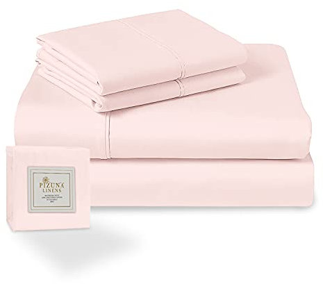 Pizuna Coton Peigné Parure de Lit 180x200 cm 2 Personnes Rose Clair, 100% Coton Longue durée 400 Fils de Satin, 1 Drap Housse, 1 Drap Plat, 2 Taie d'oreiller, 1 Traversin (Draps de Coton 5 Pièces)