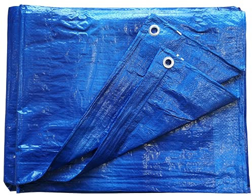 Tarpaulin Waterproof Ground Sheet Cover With Metal Fixing Eyelets & Rope Reinforced Hems (Blue, 4m x 5m)
