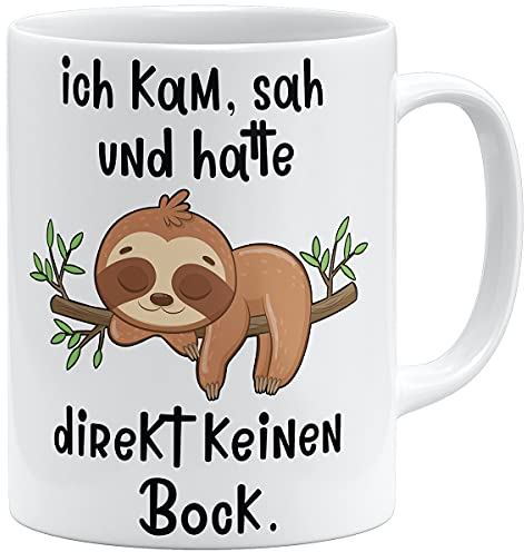 OM3® Ich kam, sah und hatte direkt keinen Bock - lustige Faultier Tasse mit Spruch | Keramik Becher | 11oz 325ml | Beidseitig Bedruckt | Weiss