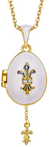 Pendentif Oeuf Style Fabergé Blanc Ouvrant sur Fleur de Lys Pendentif avec Cristaux et sa chaîne