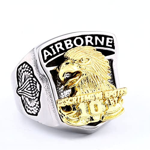 Gothic Biker Ringe Für Herren - 316L American 101 Airborne Howling Eagle Head Punk Rock Ring, Große Und Schwere Tierische Hip-Hop Ringe,Für Männliche Weihnachtsgeschenke,Weißgold,7