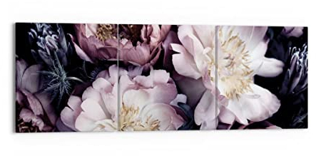 Wandbilder Dekoration Wohnzimmer Pfingstrosen Veilchen Blumen Bilder auf Leinwand 150x50cm Leinwandbild Schlafzimmer Set 3 teilige Wand Kunstdruck Art Groß XXL Wanddeko Bild Canvas CA150x50-5076