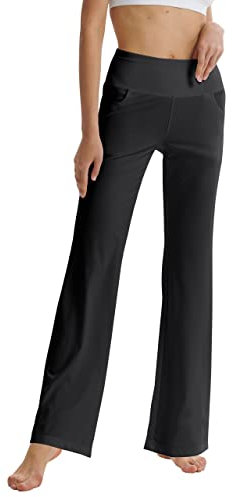 LaiEr Damen Bootcut Yogahose mit Taschen, hohe Taille, ausgestelltes Bootleg Yoga Workout Hose mit Seitentaschen, Schwarz,M