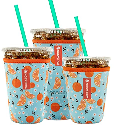 Reusable Iced Coffee Insulator Sleeve for Cold Beverages and Neoprene Cold Coffee Cup Sleeves Cooler Cover 16-24OZ 32oz for Starbucks Coffee, McDonalds, Dunkin Donuts, More (Orange Print)