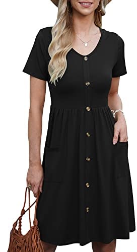 AUSELILY Womens Summer Dress Short Sleeve Knee Length Dress Casual Empire Dress A Line Swing Dresses with Pockets Black