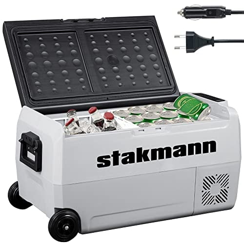 STAKMANN Tragbarer Kühlschrank mit Kompressor 12 V 220 V, Kühlbox mit 2 Fächern, Rollen und seitlichen Griffen, AC-DC 12/24 V, ideal für Auto, Wohnmobil, Boot, Reisen, Picknick (36 Liter)