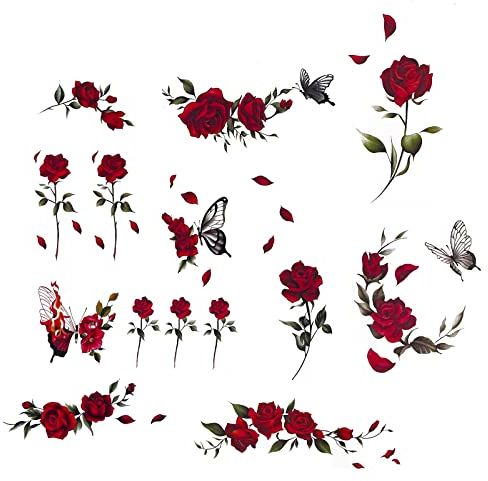 Nirbffo Temporäre Tattoo Rose Rote Blume für Frauen Körper Arm Kunst Gefälschte Wasserdichte Temporäre Tätowierung Arm Hand Brust Schulter Tattoo 11 Blätter
