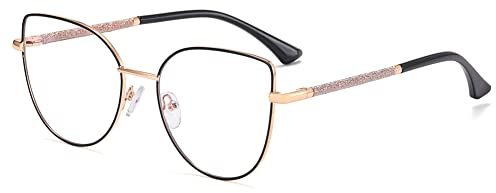 kachawoo Anit Blaue Licht Brillen Große Katzenauge Metall Glitter Rahmen Computerbrille für Dame Junge Eyewears mit Blaue Ray Linse (black gold frame)
