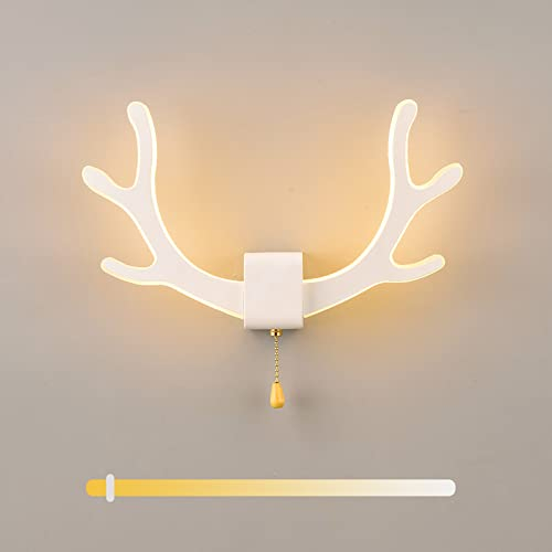 ANKBOY LED Wandlampe Schlafzimmer mit Zugschalter, 16W Wandleuchte Innen Nachttisch mit 3 Lichtfarben Einstellbar, Geweih Deko Wandbeleuchtung aus Metall & Acryl, Weiß