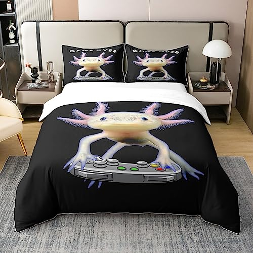 100% Baumwolle Axolotl Tröster Abdeckung,Nette Axolotl Play Gamer Bettwäsche Set 135x200 für Jungen Spielzimmer Dekor,Mexikanische Tier Bettbezug,Wasserreptil Axolotl Komfort Quilt Cover,Schwarz