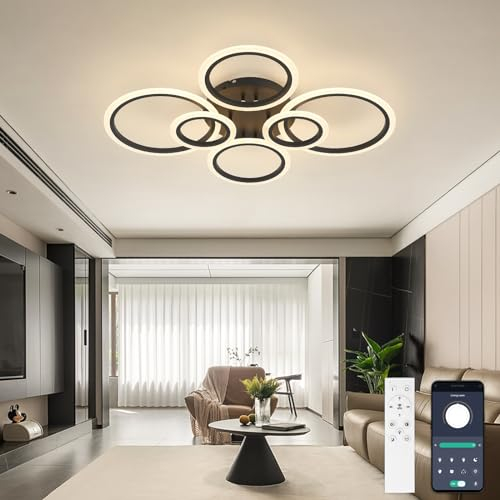 YUNLONG Smart Deckenlampe Wohnzimmer Kompatibel mit Alexa & Google Home, WiFi Moderne Led Wohnzimmerlampe Decke 6 Ringe, Deckenleuchten Dimmbar mit Fernbedienung 36W, 3200LM, für Wohnbereich, Schwarz