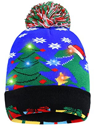 Qtuie Weihnachtsmütze mit LED-lichtern Mütze Weihnachten Leuchtend Weihnachtsmützen für Erwachsene Kinder Damen Blinkende Lustige Leuchtmütze Warm Mütze Strickmütze Geschenke für Weihnachts (Dino)