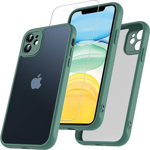 OWKEY Funda para iPhone 11, Carcasa iPhone 11 con Cristal Templado, Antigolpes Protección de Cámara Esmerilado Translúcido para iPhone 11 (Verde)
