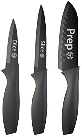 MasterChef 526223 Knives 3pc Set - Prep Slice Dice Captions - Black Knives with Grey Text, Stainless Steel