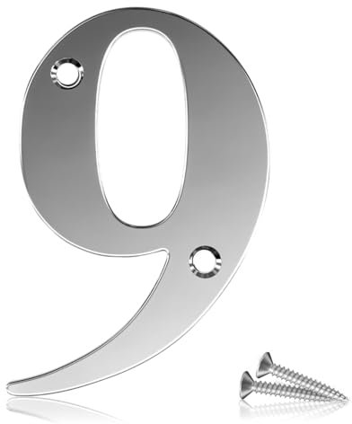 Bwintech 1 Pcs 75mm Hauteur (3 Inch) Numéro de porte chromé boulonné 9 Numéro de maison en acier inoxydable 304, Convient pour les portes avant, en bois, composites, UPVC