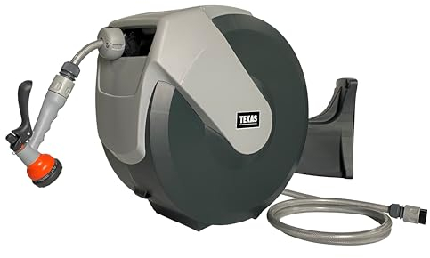 TEXAS Automatik Schlauchtrommel LUX 30m (30 Meter Schlauch 1/2, Handbrause mit 7 Sprühfunktionen, 2 Schnellverschlusskupplungen, 2 Meter Zulaufschlauch)
