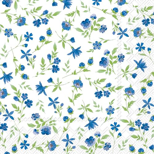 IHR 20 Servietten Blumen, Garten & Natur Blaue Blümchen mit Blätter als Tischdeko. Papierservietten mit Motiv. Auch für Decoupage und Serviettentechnik 33x33cm