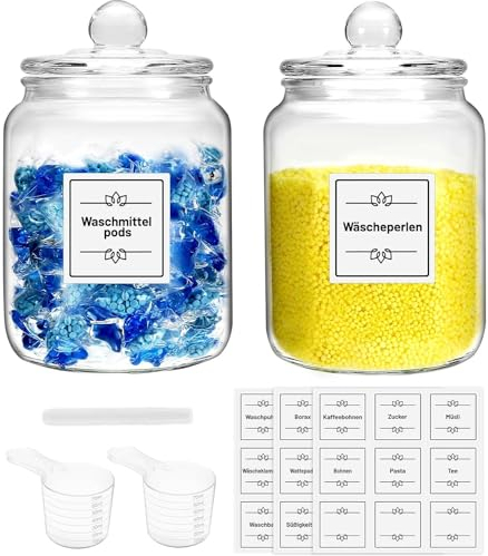 Lot de 2 Bocaux en Verre pour Buanderie avec Couvercle Hermétique, 2L BoîTe à DéTergent avec 27 Autocollants, 2 un Stylo, BoîTe De Rangement Pour DéTergents, Contenants en Verre